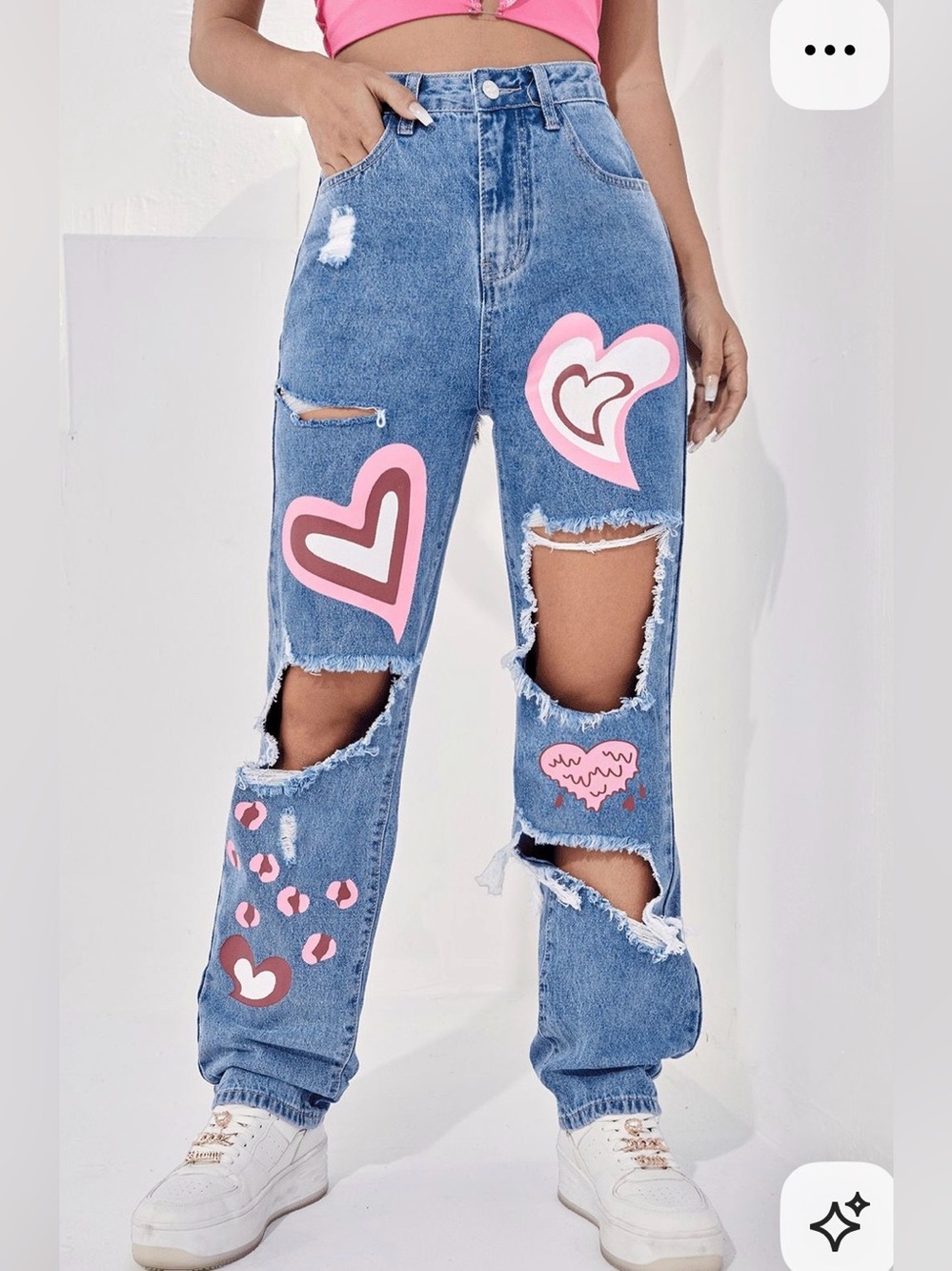 SHEIN Blue Distressed Denim Boyfriend Jeans with Pink Heart Appliqués